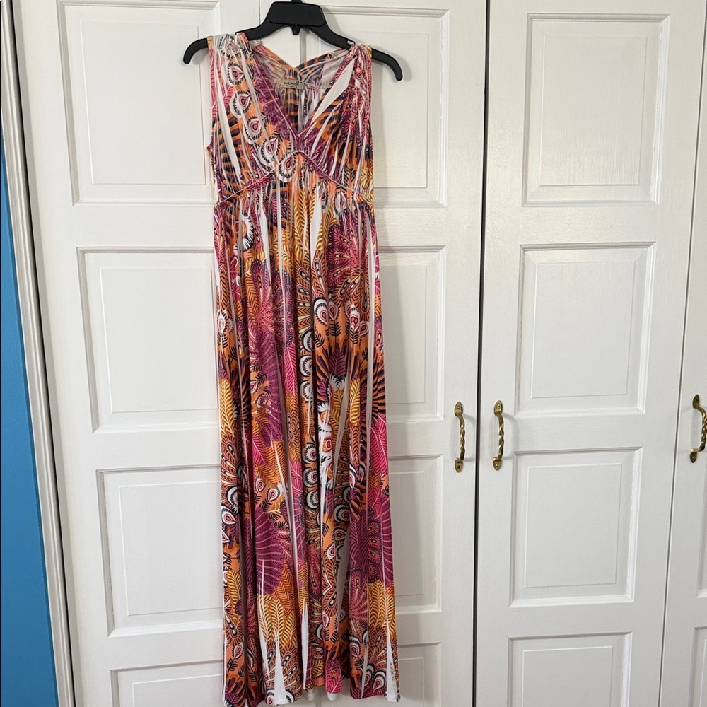ONE WORLD Pink and Orange Multi-Print Sleeveless Maxi Dress